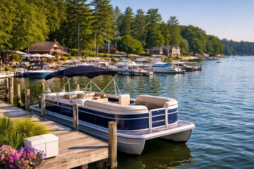 Pontoon boat at Ohio inland lake marina boat financing Ohio