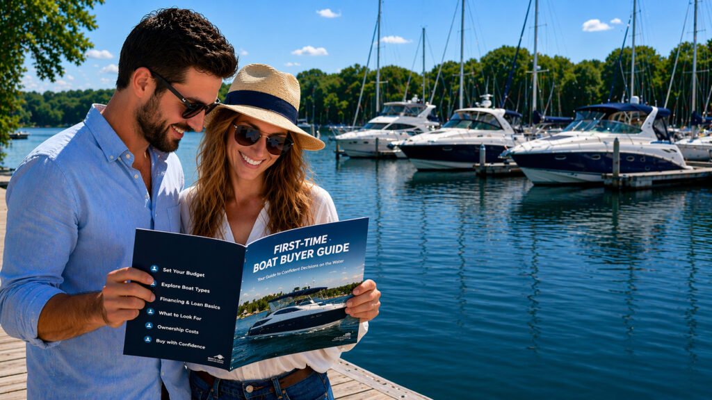 First-time boat buyer guide image showing a couple reviewing a boat buying guide at a marina with boats in the background