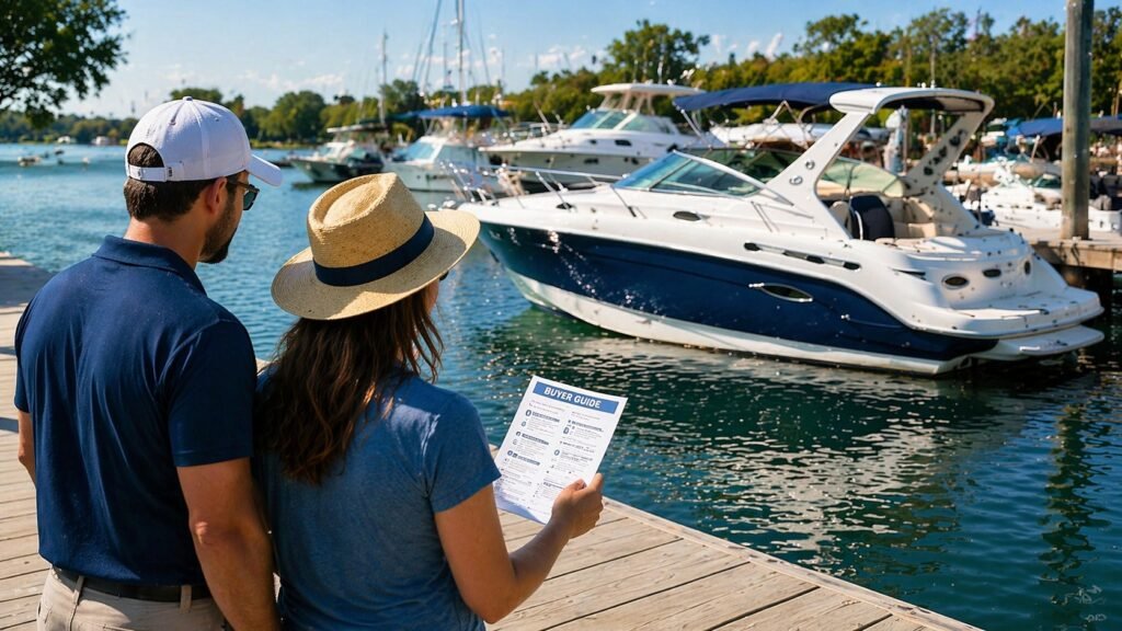 Boat buyer education center image showing buyers reviewing a boat at a marina