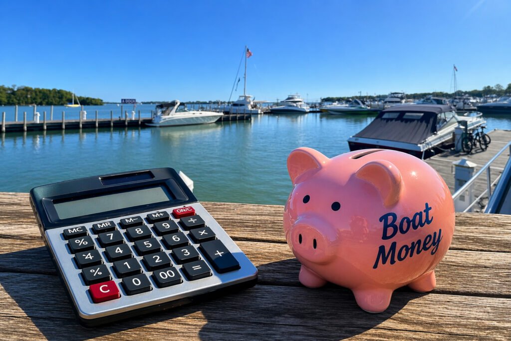 Boat down payment guide image with calculator and Boat Money piggy bank on a dock with Put-in-Bay Ohio marina in the background