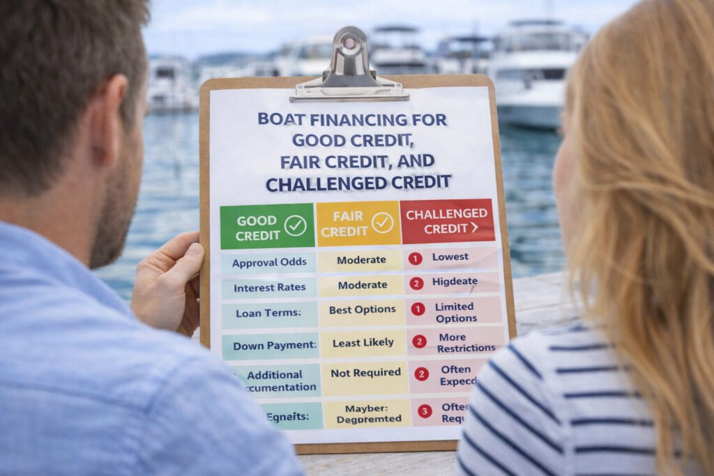 Boat financing for good credit fair credit and challenged credit image showing buyers comparing financing options and approval factors at a marina 