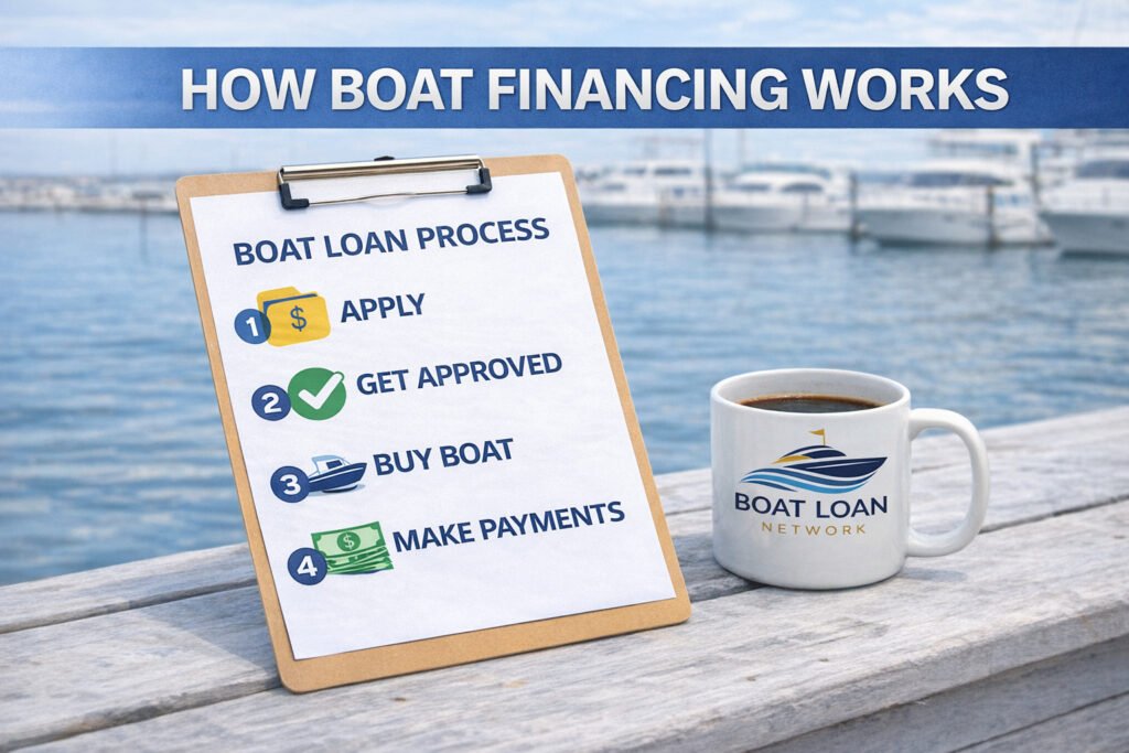 How boat financing works image showing a boat loan process guide next to a coffee mug at a marina dock with boats in the background 