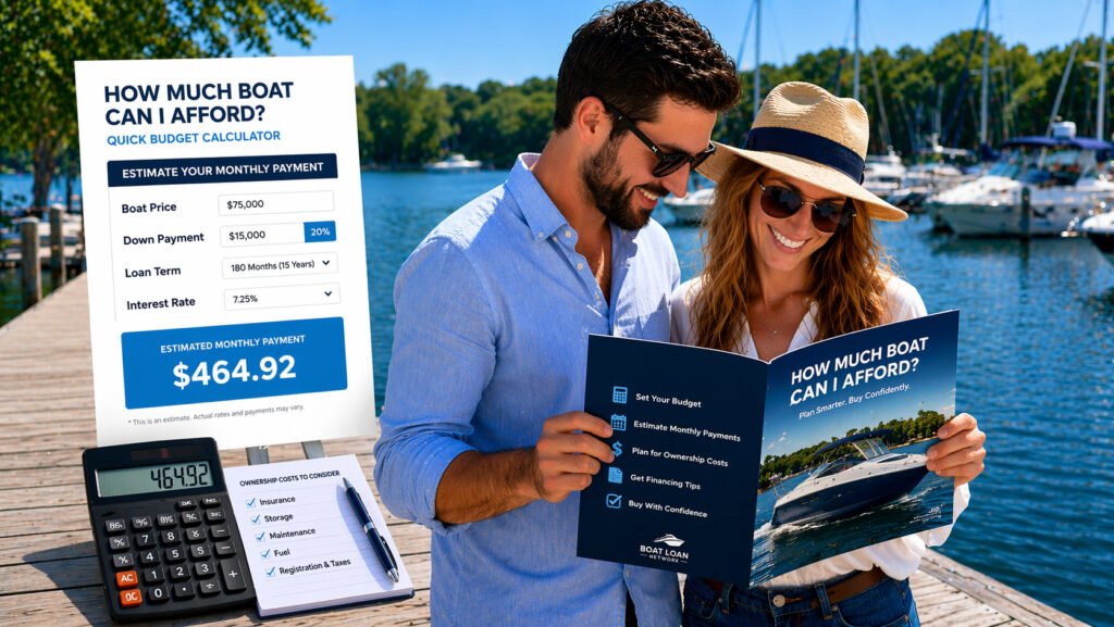 How much boat can I afford image showing buyers reviewing a budget guide at a marina with calculator and boats in the background