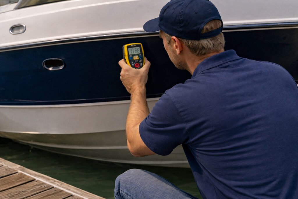 Marine survey requirements for boat financing image showing a surveyor taking a moisture meter reading against a boat hull at the dock