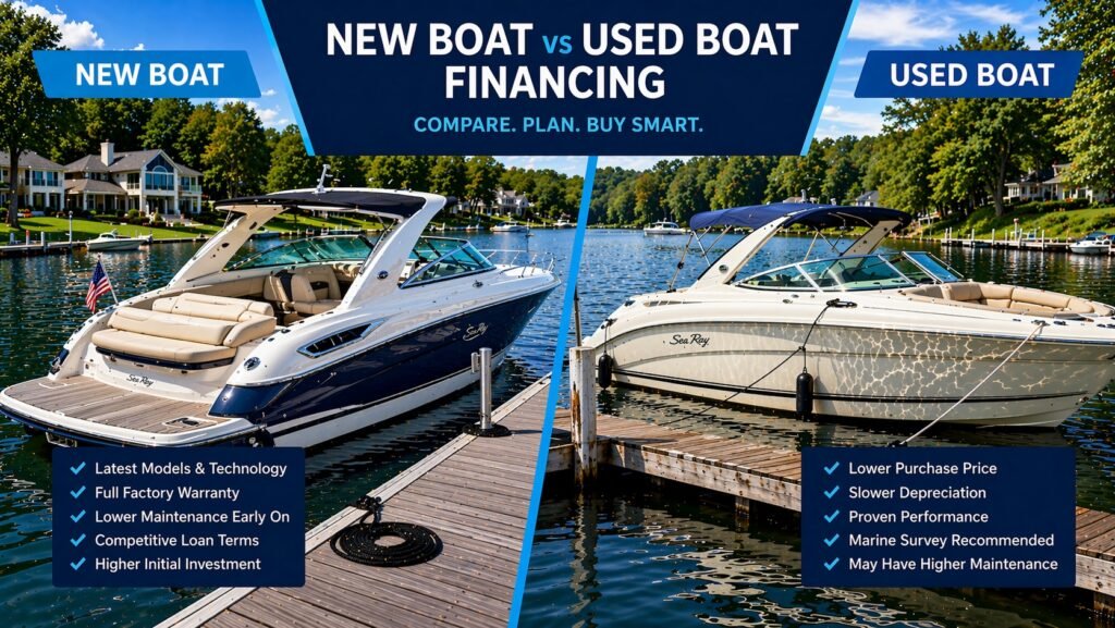 New boat vs used boat financing comparison showing a newer Sea Ray style sport boat and a used Sea Ray boat at a marina