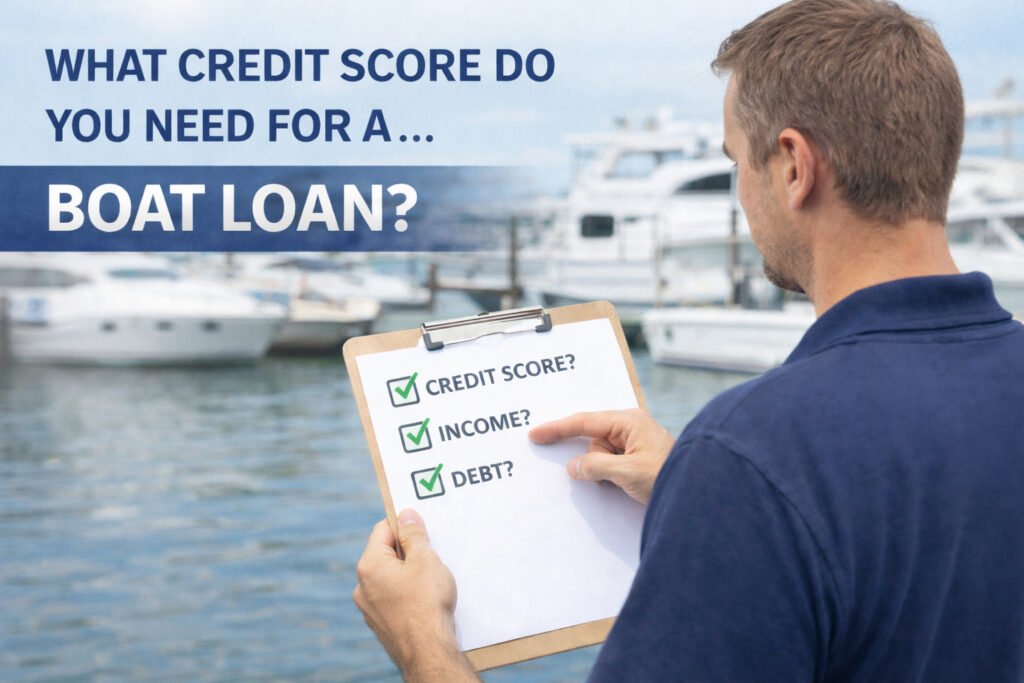 What credit score do you need for a boat loan image showing a buyer reviewing loan criteria near boats at a marina 