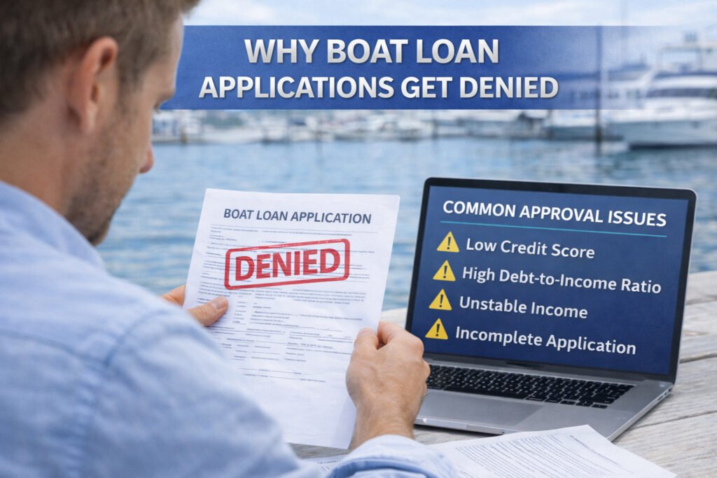 Why boat loan applications get denied image showing a buyer reviewing a denied boat loan application beside a laptop listing common approval issues at a marina